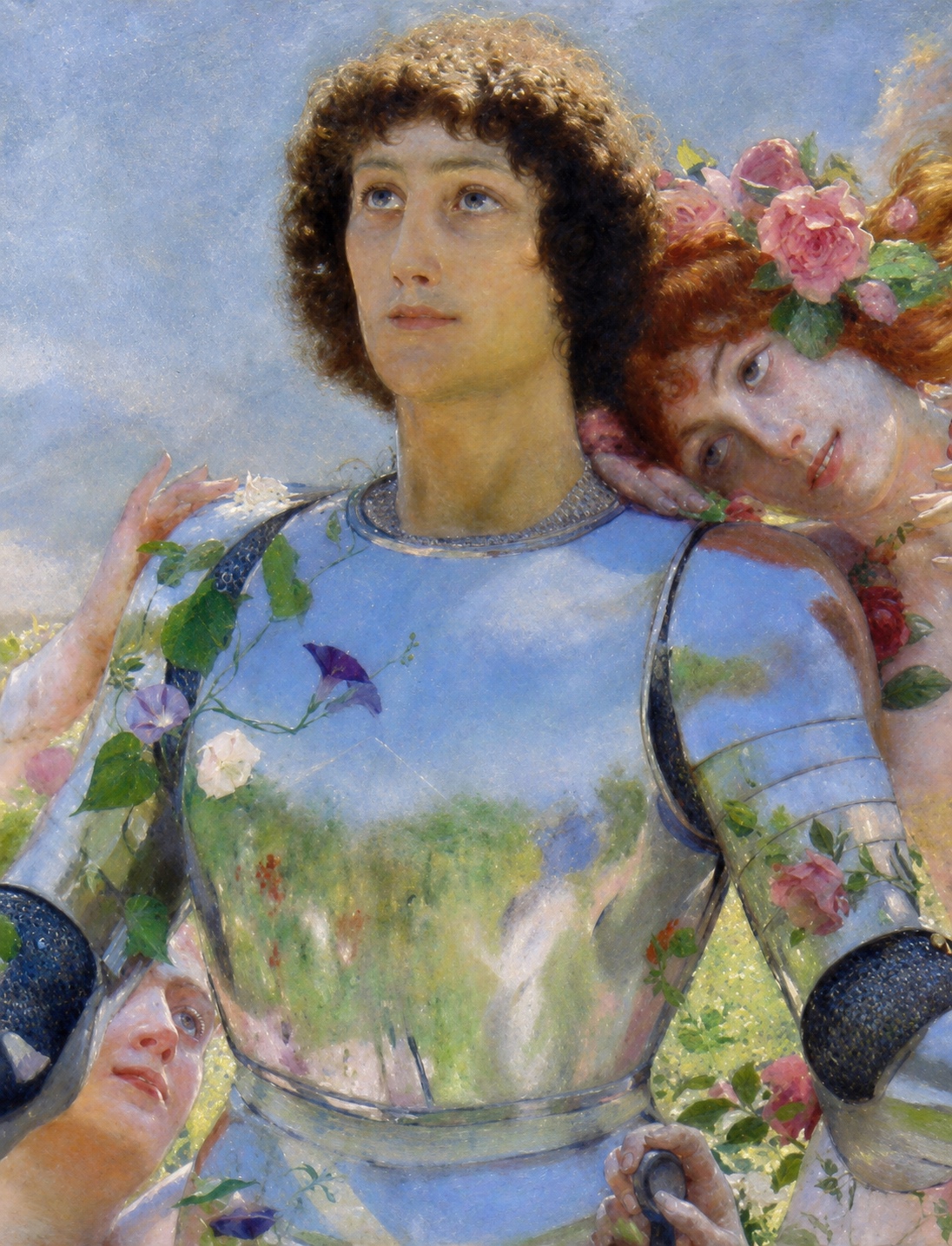 A flower-covered knight looks upward in Georges Rochegrosse's Le Chevalier aux Fleurs